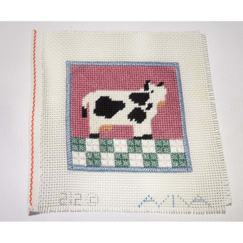 Vintage AIVA Handmade Needlepoint Cow Canvas Farmhouse Folk Art Pink Green 2120